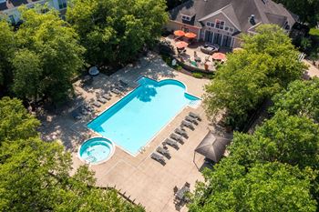 An aerial view of a pool